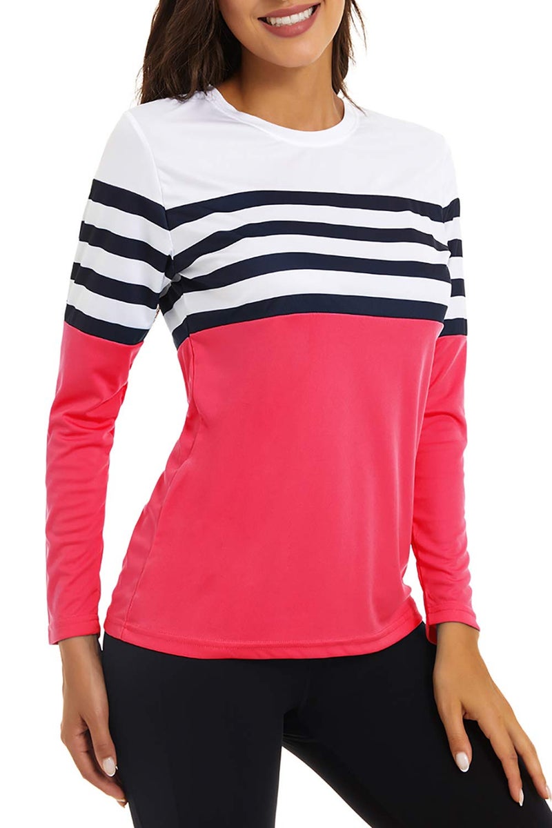 KINGFEN UPF 50+ Workout Tshirts Gym SPF Shirts for Women Rashguard Long Sleeve Blouses Uv Protection Moisture Wicking Sunscreen Fabric Loose Outdoor Running Quick Dry Top Rose Red Large - Image 3